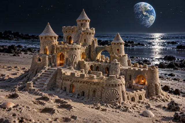 Silver-toned sandcastle with shell reliefs beneath an Earth-like planet at night.