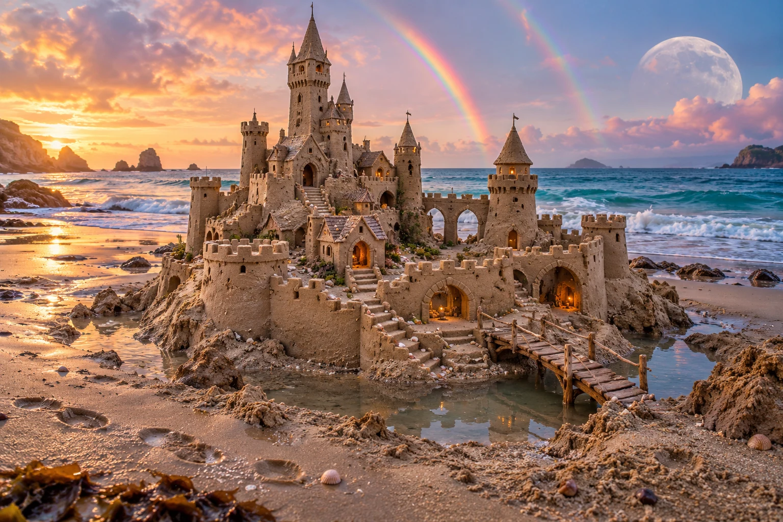 Tall sandcastle with a wooden footbridge beneath a rainbow and large moon.