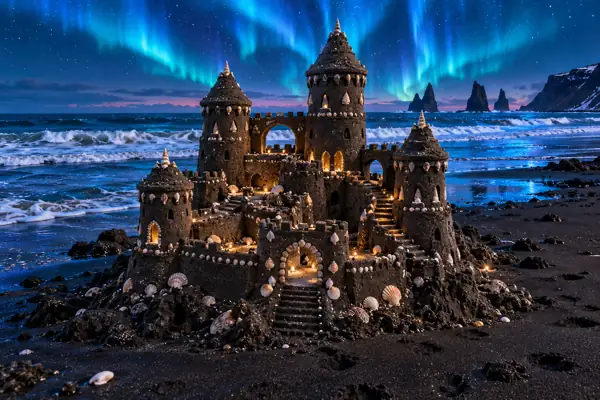 Black Sandcastle Beneath Electric Blue Aurora.