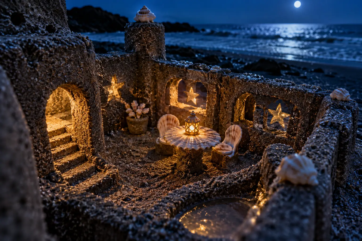 Moonlit sandcastle courtyard.