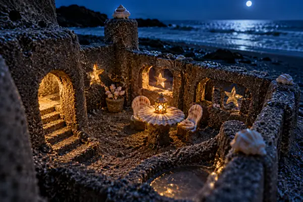 Moonlit sandcastle courtyard.