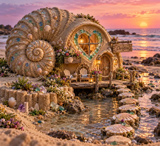 A nautilus-shell sand home with warm circular windows, flowers, and a Christine sign at sunset.
