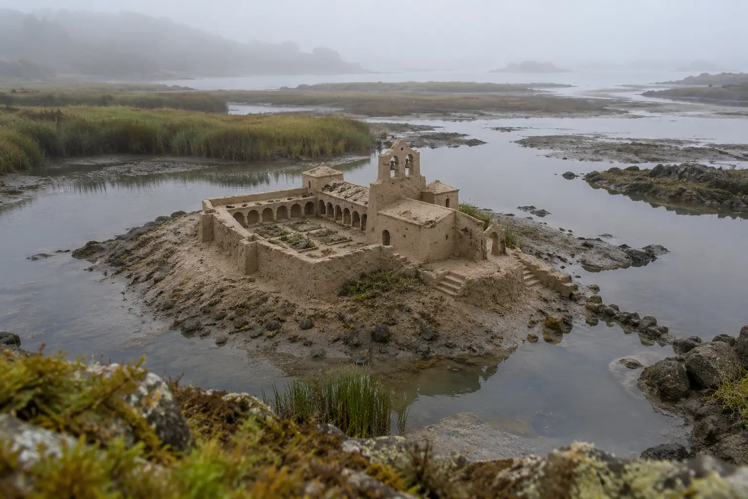 Fogbound Sand Monastery at Low Tide.