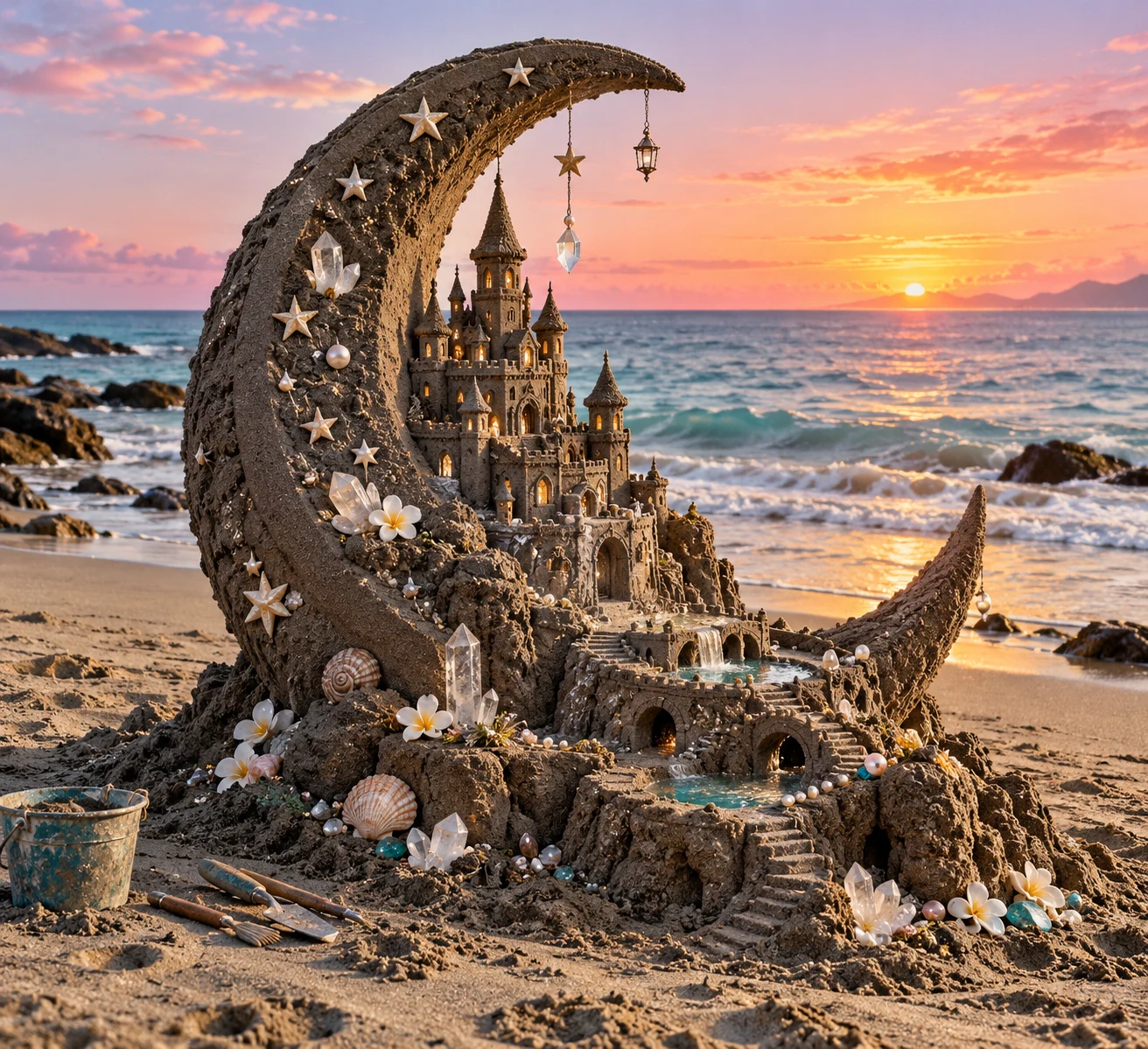 A crescent-moon sandcastle decorated with stars and shells at pink dawn.