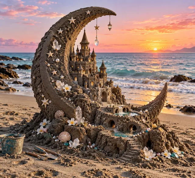 A crescent-moon sandcastle decorated with stars and shells at pink dawn.