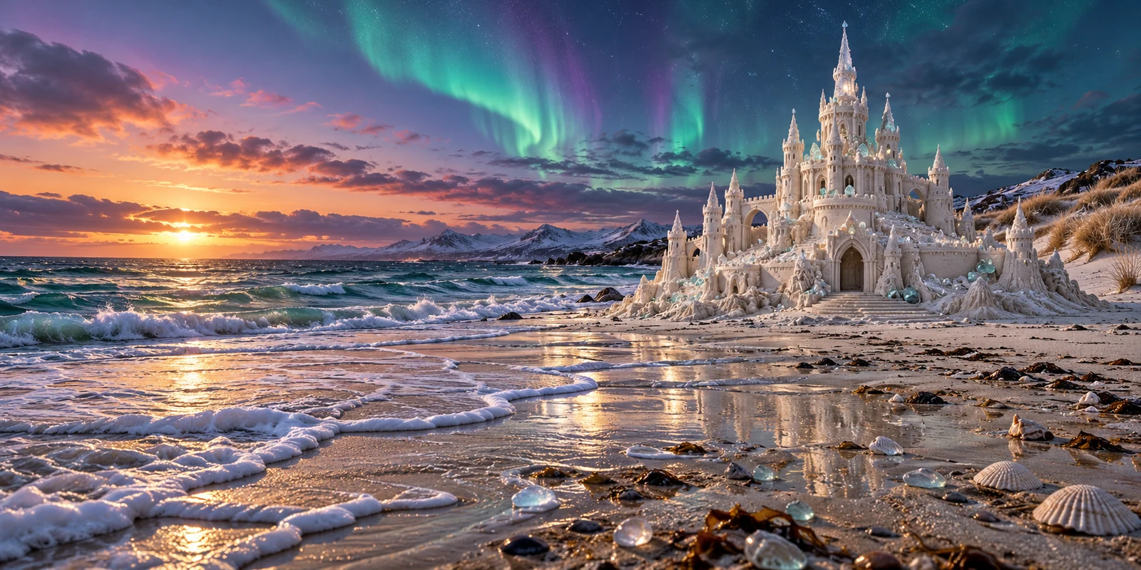 A frosted white sandcastle on the shore beneath green northern lights.