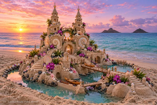 A nautilus-inspired sand palace with shell motifs and turquoise pools on Lanikai Beach.