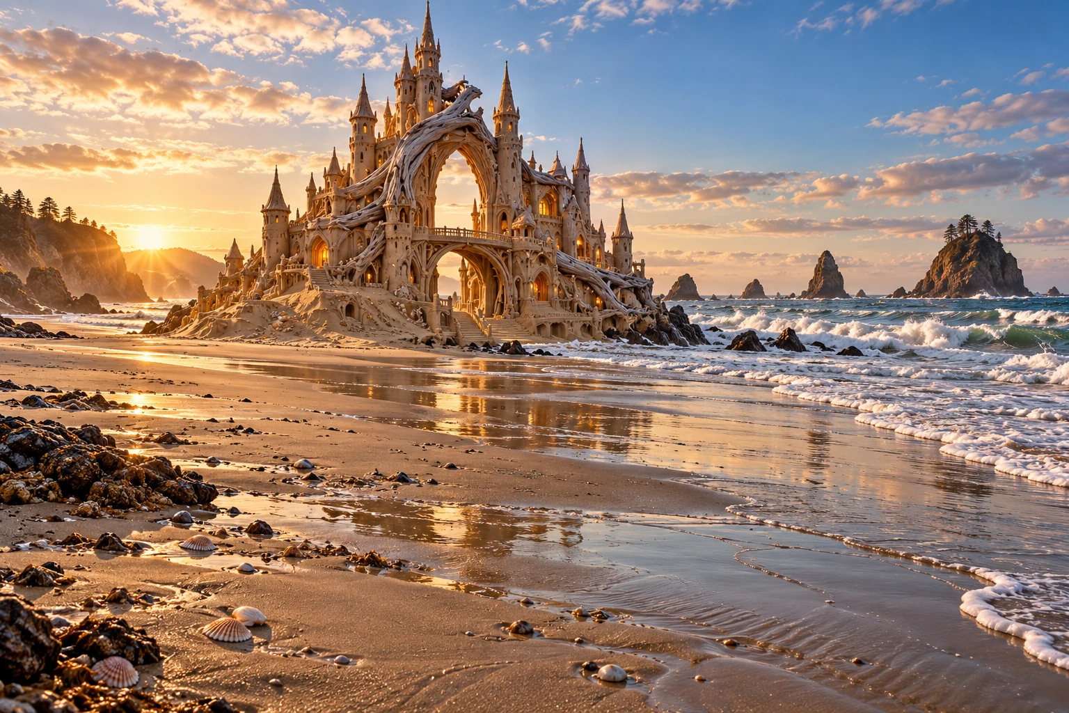 A pointed sandcastle with sweeping driftwood-like arches beside a rocky beach.