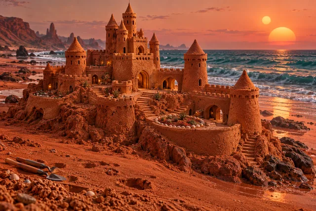 Rust-red sandcastle with garden terraces beneath twin suns.