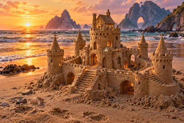 Sunset sandcastle with a small cottage atop its central tower.