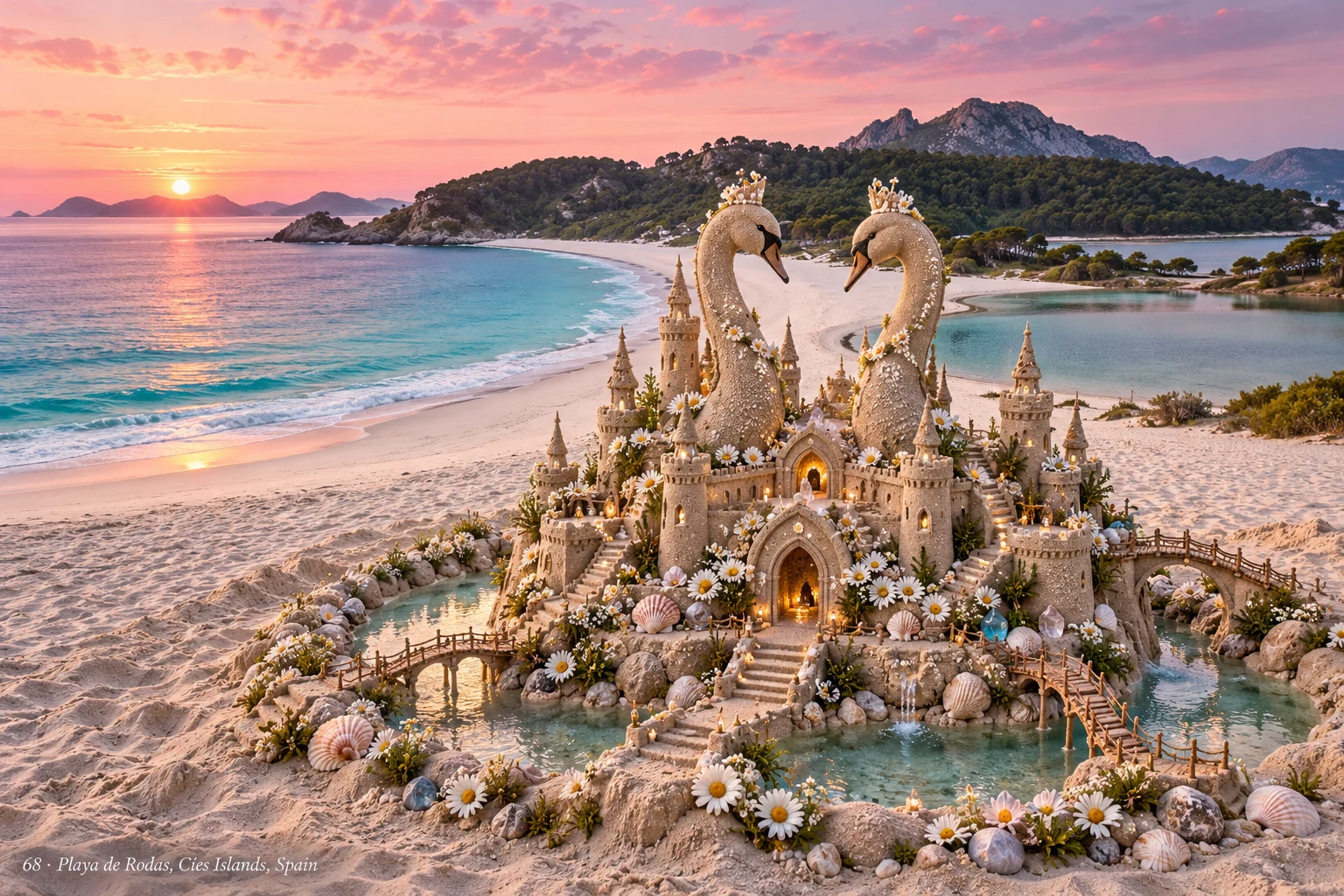 A sand palace with swan-shaped architectural sculptures beside the sea at Playa de Rodas.