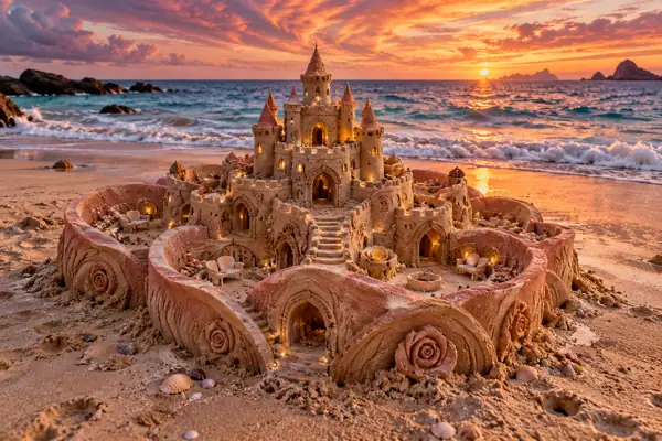 Rose sandcastle beneath a swirling sunset.