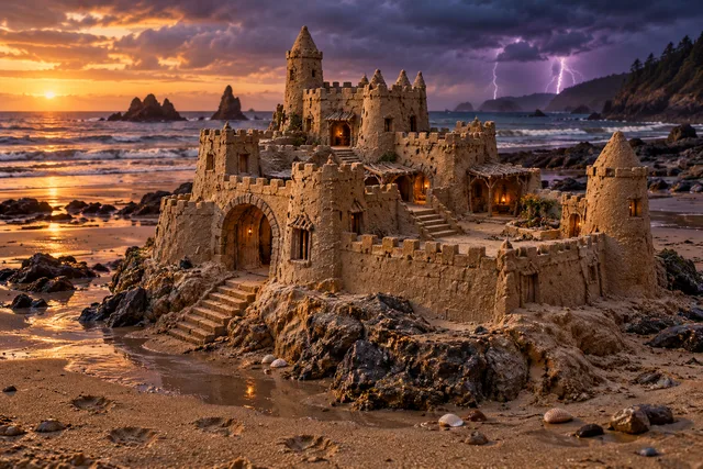Sandcastle on dark coastal rocks beneath a sunset and distant violet lightning.