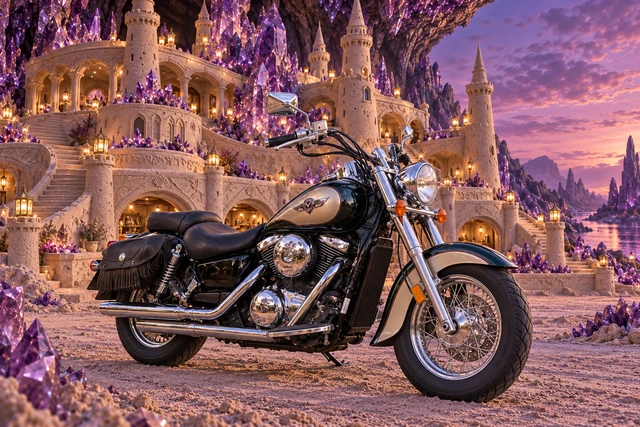 Santi’s 1999 Kawasaki Vulcan Classic 1500. Vulcan 1500 Before the Amethyst Keep. Fictional automotive artwork.