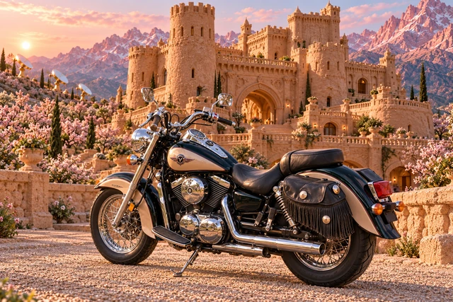 Santi’s 1999 Kawasaki Vulcan Classic 1500. Vulcan Before the Rosequartz Bastion. Fictional automotive artwork.