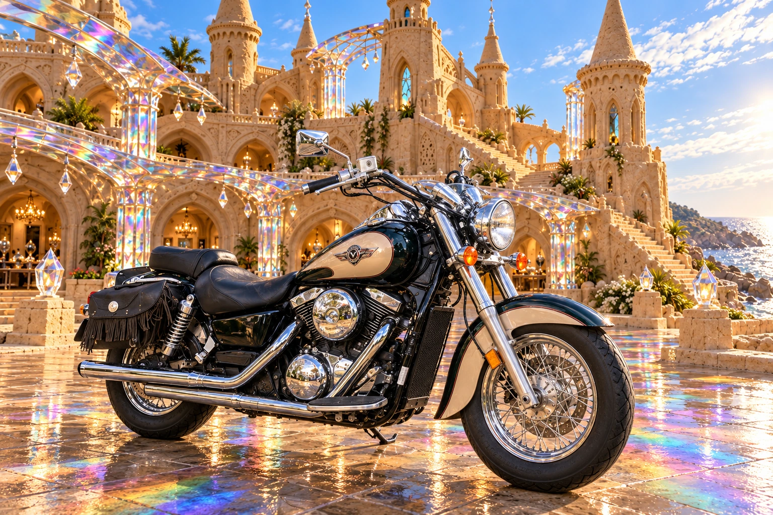 Santi’s 1999 Kawasaki Vulcan Classic 1500. Vulcan Motorcycle at Spectrum Court. Fictional automotive artwork.