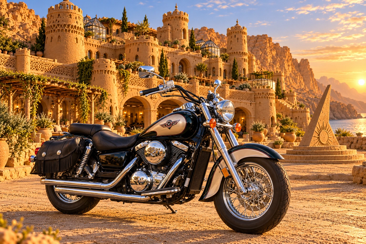 Santi’s 1999 Kawasaki Vulcan Classic 1500. Kawasaki Vulcan at the Sandcastle Palace. Fictional automotive artwork.