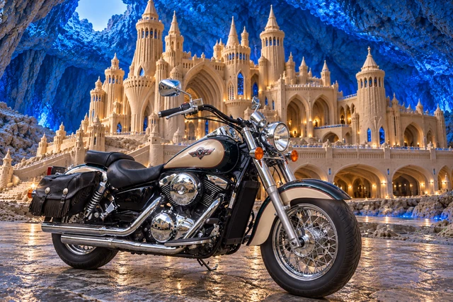 Santi’s 1999 Kawasaki Vulcan Classic 1500. Vulcan at the Sapphire Citadel. Fictional automotive artwork.
