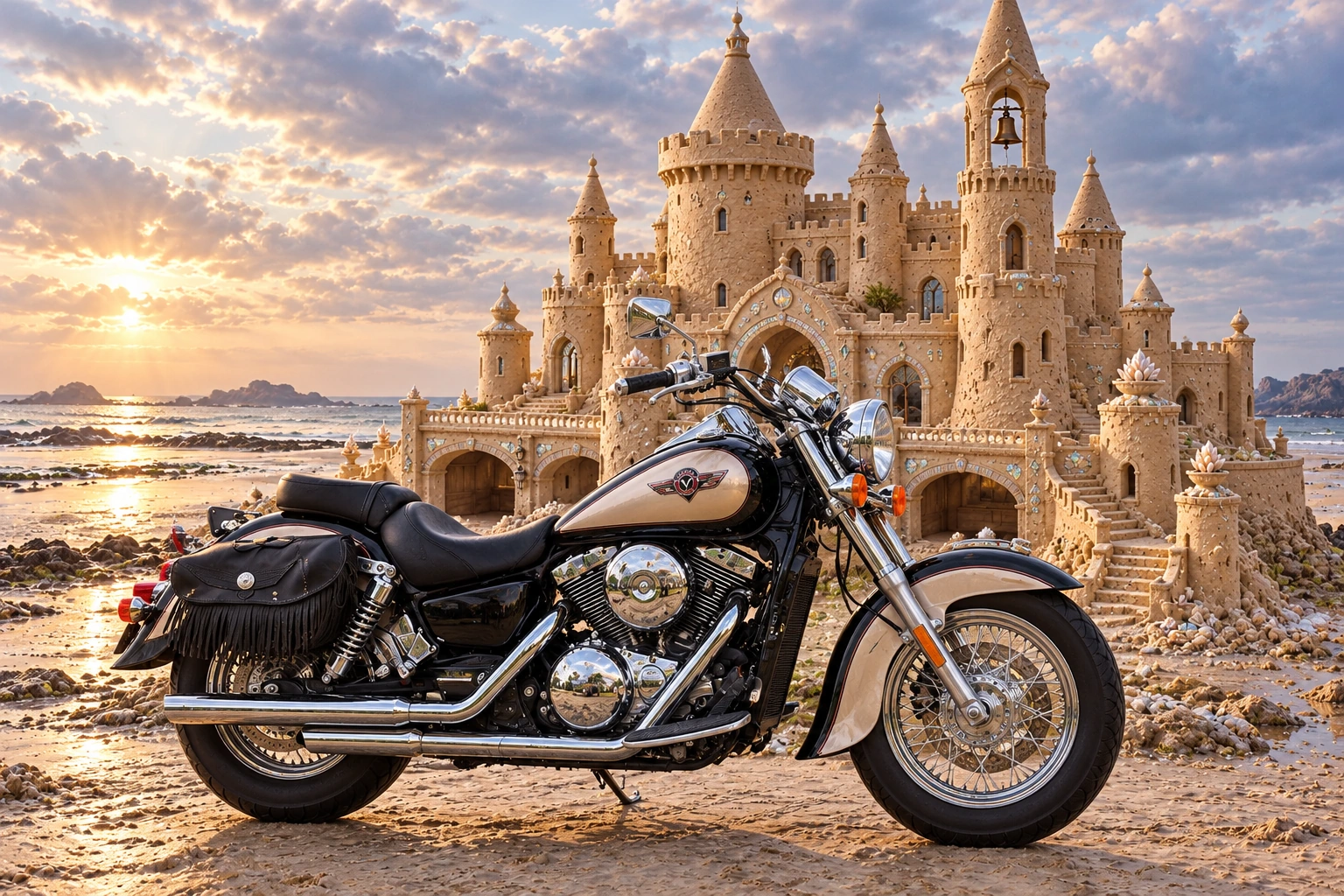 Santi’s 1999 Kawasaki Vulcan Classic 1500. Vulcan at Opaline’s Tidebell Court. Fictional automotive artwork.