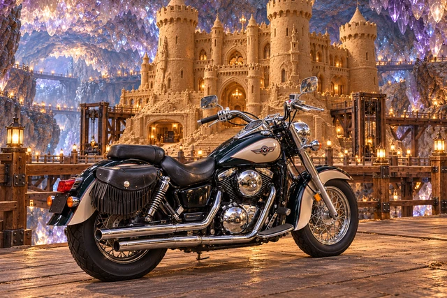 Santi’s 1999 Kawasaki Vulcan Classic 1500. Vulcan at the Amethyst Sandcastle. Fictional automotive artwork.