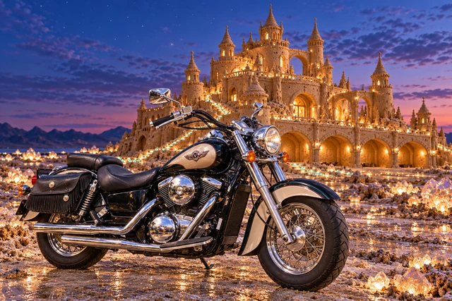Santi’s 1999 Kawasaki Vulcan Classic 1500. Vulcan at the Afterglow Keep. Fictional automotive artwork.