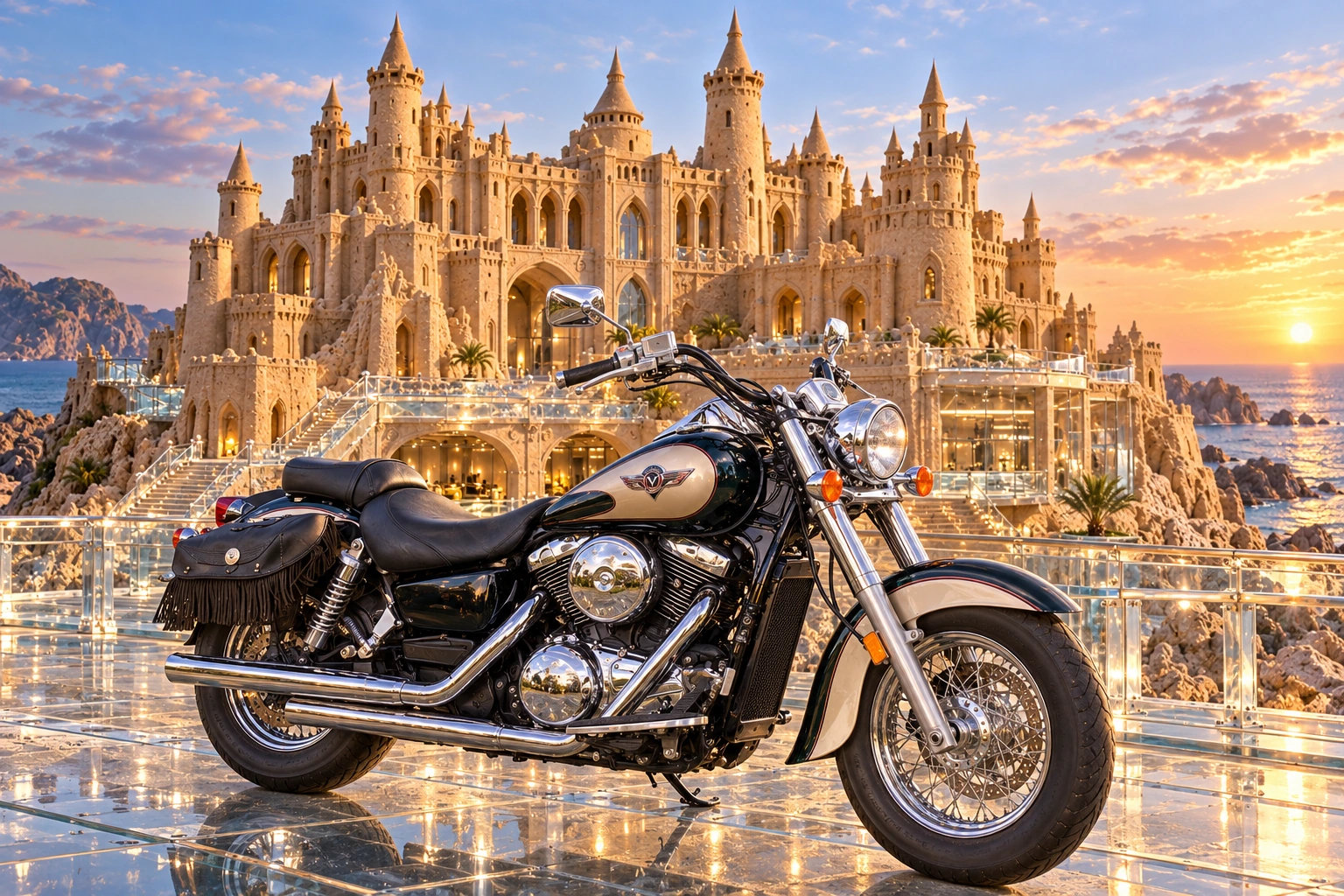 Santi’s 1999 Kawasaki Vulcan Classic 1500. Kawasaki Vulcan at Glasshaven Citadel. Fictional automotive artwork.