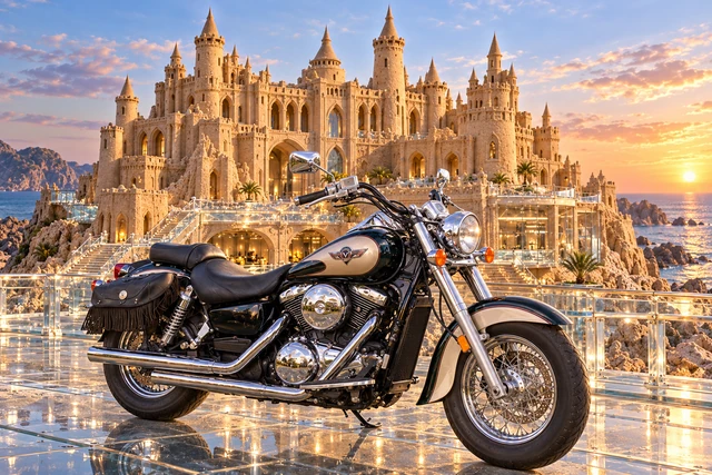 Santi’s 1999 Kawasaki Vulcan Classic 1500. Kawasaki Vulcan at Glasshaven Citadel. Fictional automotive artwork.