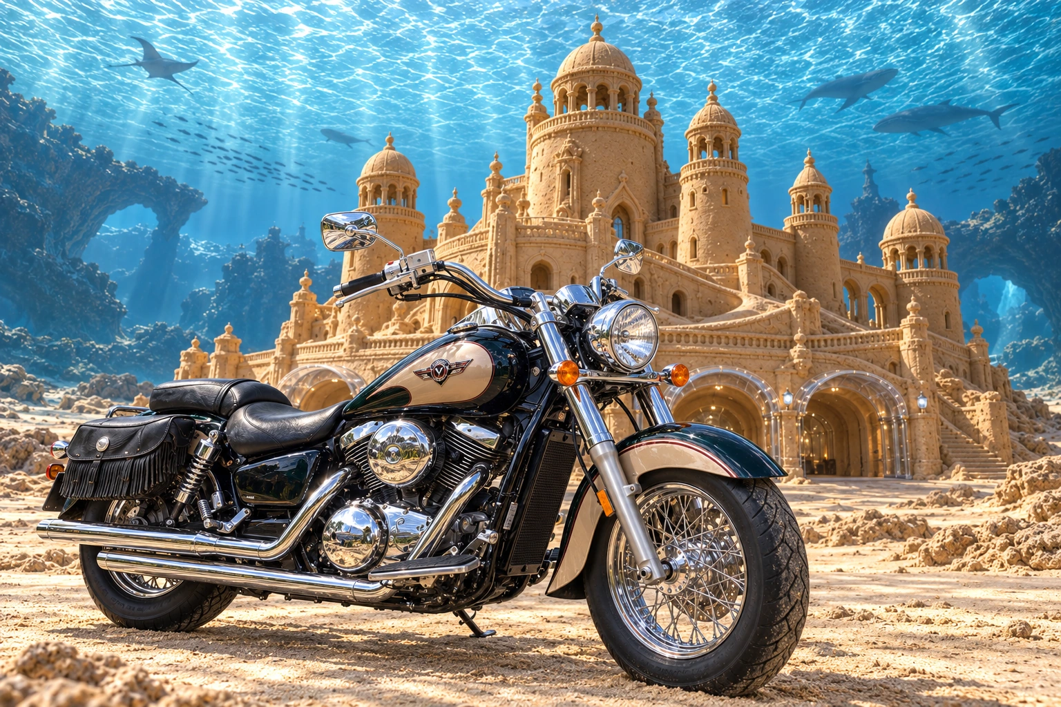 Santi’s 1999 Kawasaki Vulcan Classic 1500. Vulcan beneath Neridia’s sea canopy. Fictional automotive artwork.