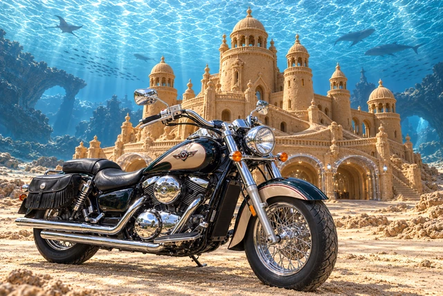 Santi’s 1999 Kawasaki Vulcan Classic 1500. Vulcan beneath Neridia’s sea canopy. Fictional automotive artwork.