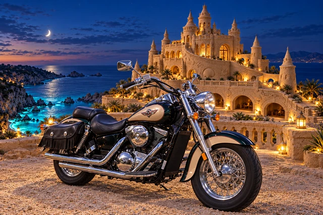 Santi’s 1999 Kawasaki Vulcan Classic 1500. Moonlit Vulcan Before the Sandcastle. Fictional automotive artwork.