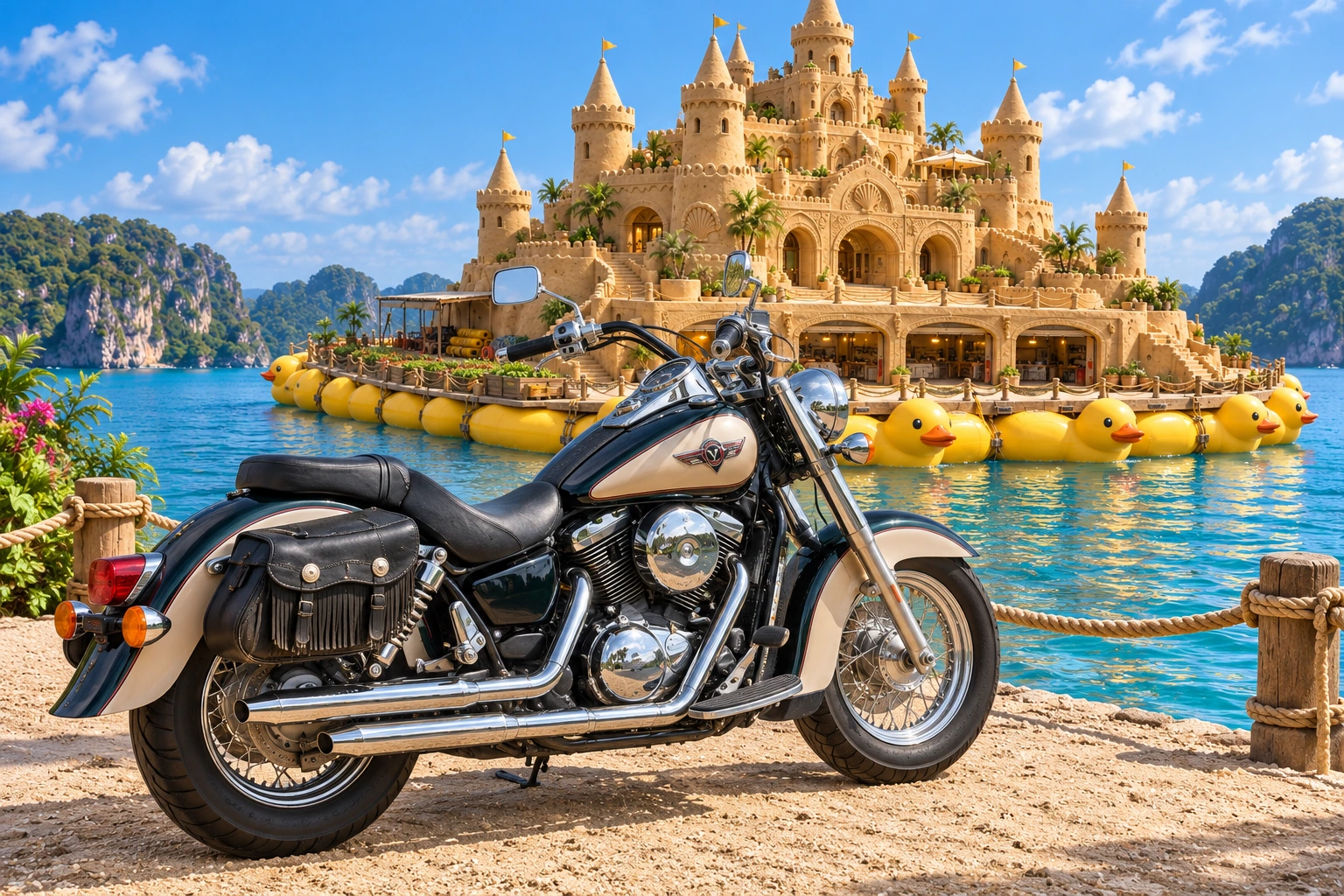 Santi’s 1999 Kawasaki Vulcan Classic 1500. Vulcan at the Floating Duck Citadel. Fictional automotive artwork.