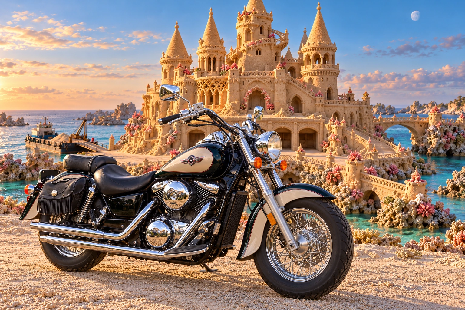 Santi’s 1999 Kawasaki Vulcan Classic 1500. Vulcan at the Reefway Sandkeep. Fictional automotive artwork.
