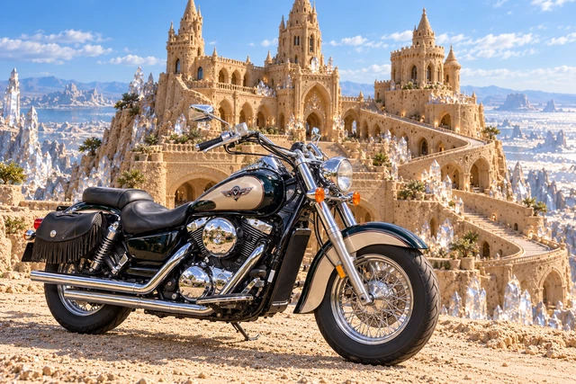 Santi’s 1999 Kawasaki Vulcan Classic 1500. Vulcan at Quartzfall’s Silver Château. Fictional automotive artwork.