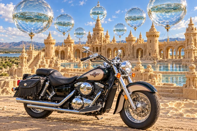 Santi’s 1999 Kawasaki Vulcan Classic 1500. Vulcan at the Reservoir Crown. Fictional automotive artwork.