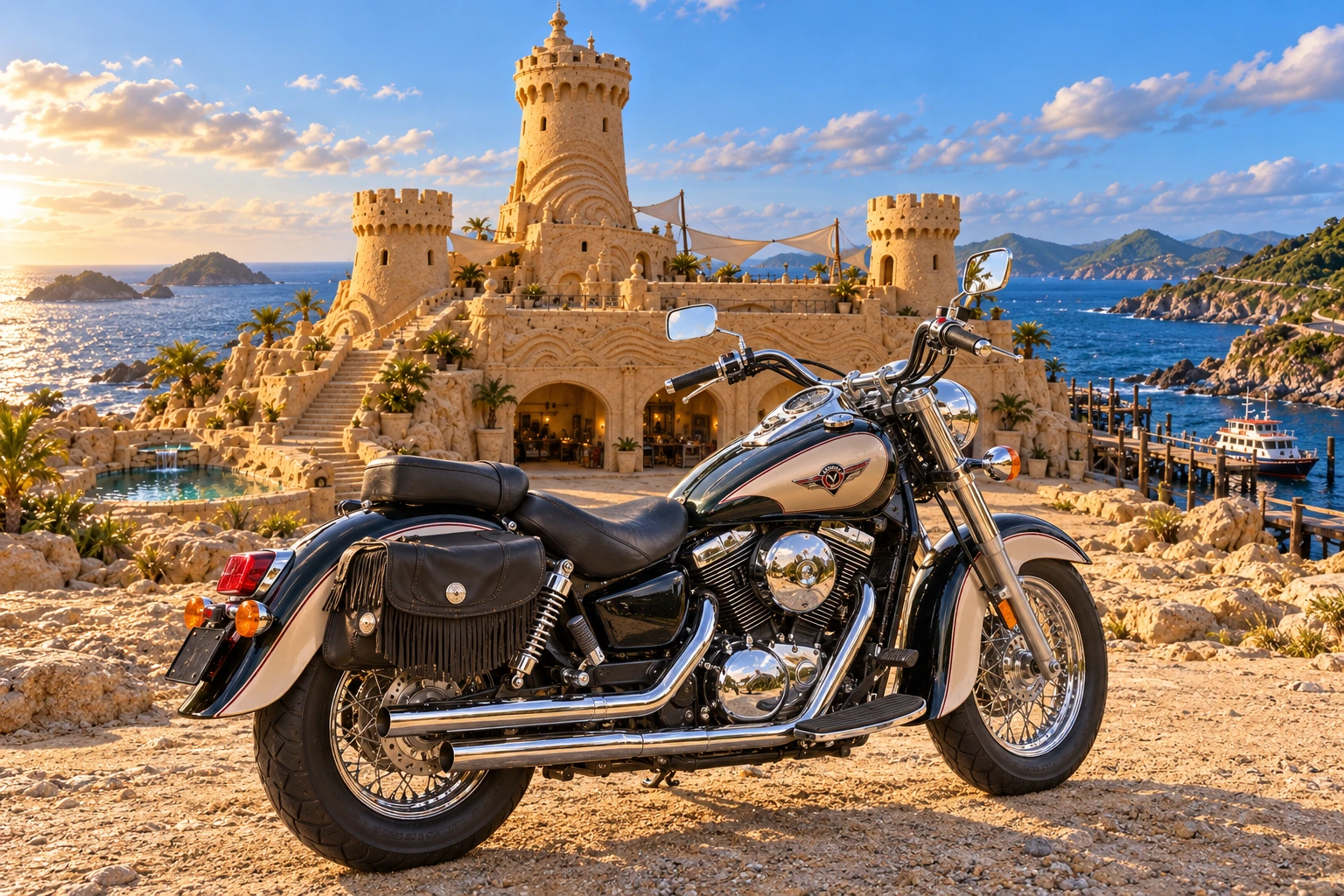 Santi’s 1999 Kawasaki Vulcan Classic 1500. Kawasaki Vulcan at the Many-Harbor Bastion. Fictional automotive artwork.