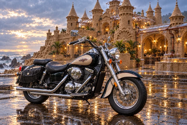 Santi’s 1999 Kawasaki Vulcan Classic 1500. Vulcan at Rainhaven’s Raincatcher Court. Fictional automotive artwork.