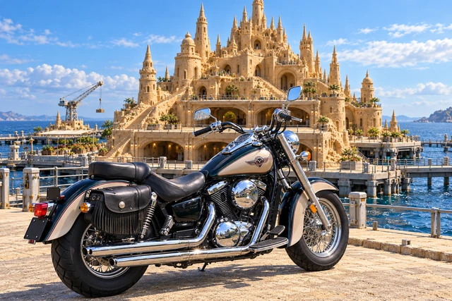Santi’s 1999 Kawasaki Vulcan Classic 1500. Vulcan at the Sky-Tide Château. Fictional automotive artwork.