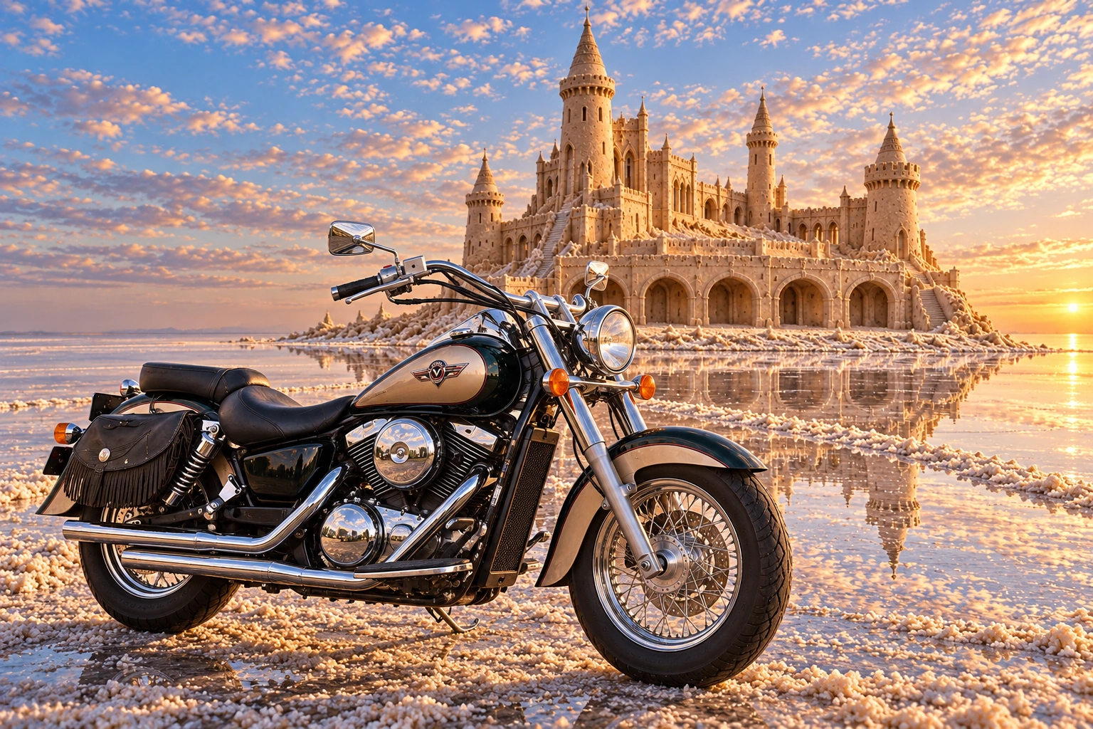 Santi’s 1999 Kawasaki Vulcan Classic 1500. Vulcan Cruiser at Saltglass Keep. Fictional automotive artwork.