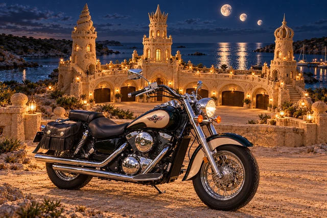 Santi’s 1999 Kawasaki Vulcan Classic 1500. Vulcan Before the Moonwake Palace. Fictional automotive artwork.