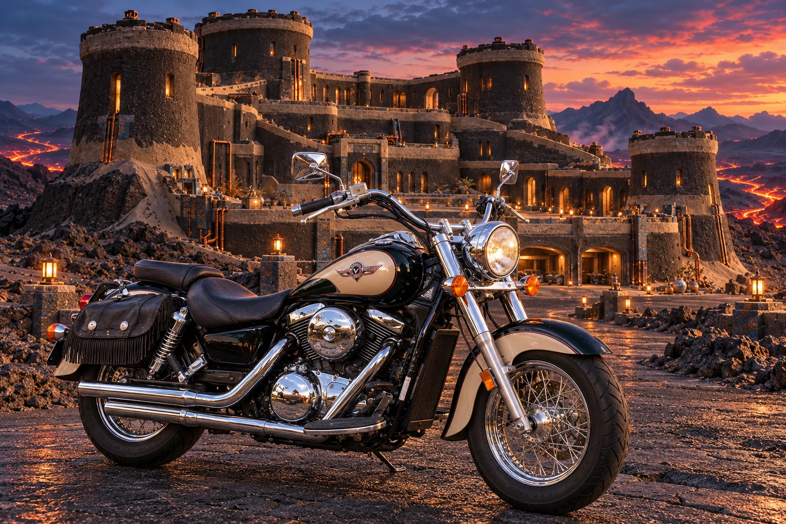 Santi’s 1999 Kawasaki Vulcan Classic 1500. Kawasaki Vulcan Before Cinderspan Keep. Fictional automotive artwork.