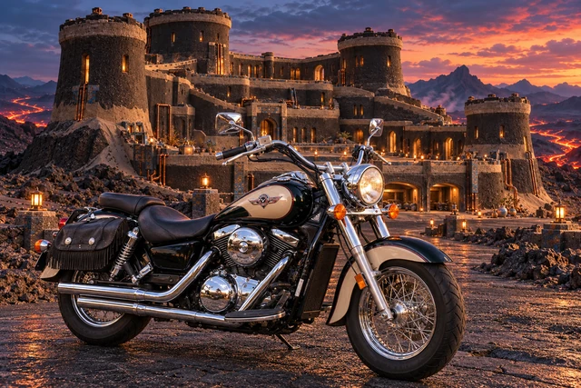 Santi’s 1999 Kawasaki Vulcan Classic 1500. Kawasaki Vulcan Before Cinderspan Keep. Fictional automotive artwork.