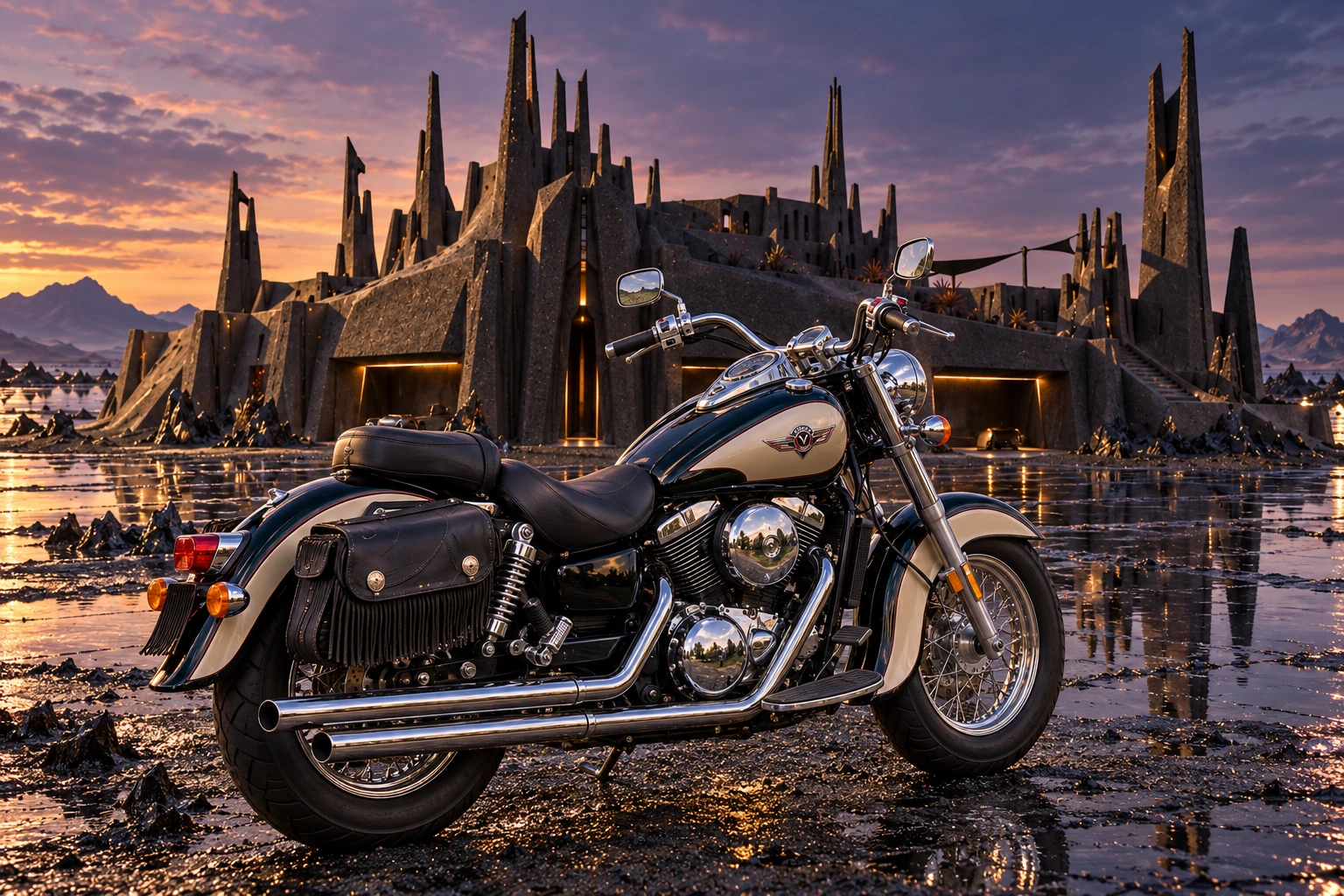 Santi’s 1999 Kawasaki Vulcan Classic 1500. Vulcan at Nocturne Court. Fictional automotive artwork.
