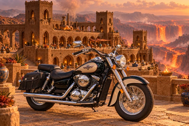 Santi’s 1999 Kawasaki Vulcan Classic 1500. Vulcan Cruiser at Emberveil Sandcastle. Fictional automotive artwork.