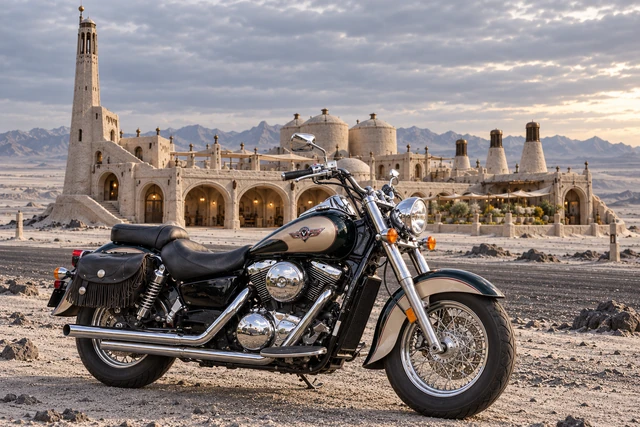 Santi’s 1999 Kawasaki Vulcan Classic 1500. Vulcan Before the Meridian Sandcastle. Fictional automotive artwork.