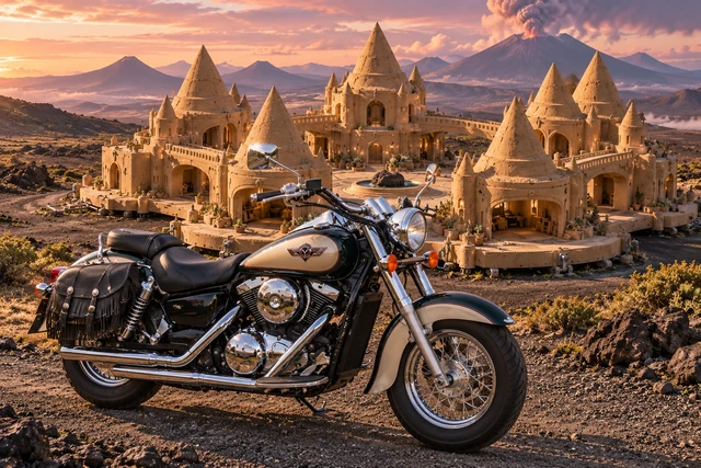 Santi’s 1999 Kawasaki Vulcan Classic 1500. Vulcan Cruiser at Wayfarer Crown. Fictional automotive artwork.