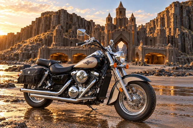 Santi’s 1999 Kawasaki Vulcan Classic 1500. Vulcan Cruiser Before the Basalt Keep. Fictional automotive artwork.