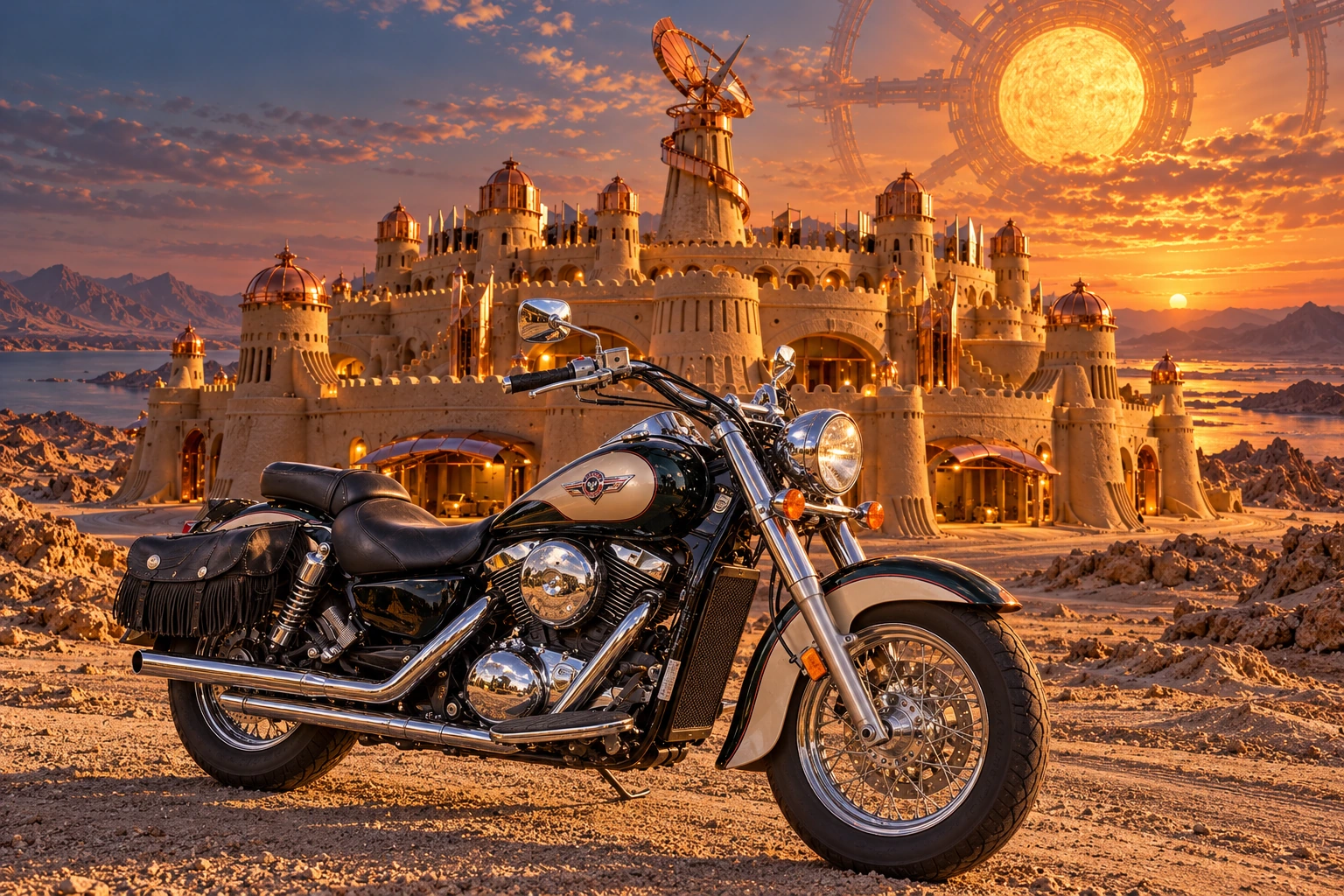 Santi’s 1999 Kawasaki Vulcan Classic 1500. Kawasaki Vulcan at the Copper Sundial. Fictional automotive artwork.