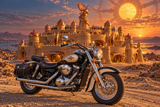 Santi’s 1999 Kawasaki Vulcan Classic 1500. Kawasaki Vulcan at the Copper Sundial. Fictional automotive artwork.