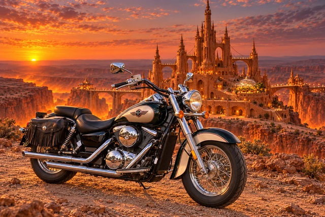 Santi’s 1999 Kawasaki Vulcan Classic 1500. Vulcan at Spanlight Citadel. Fictional automotive artwork.