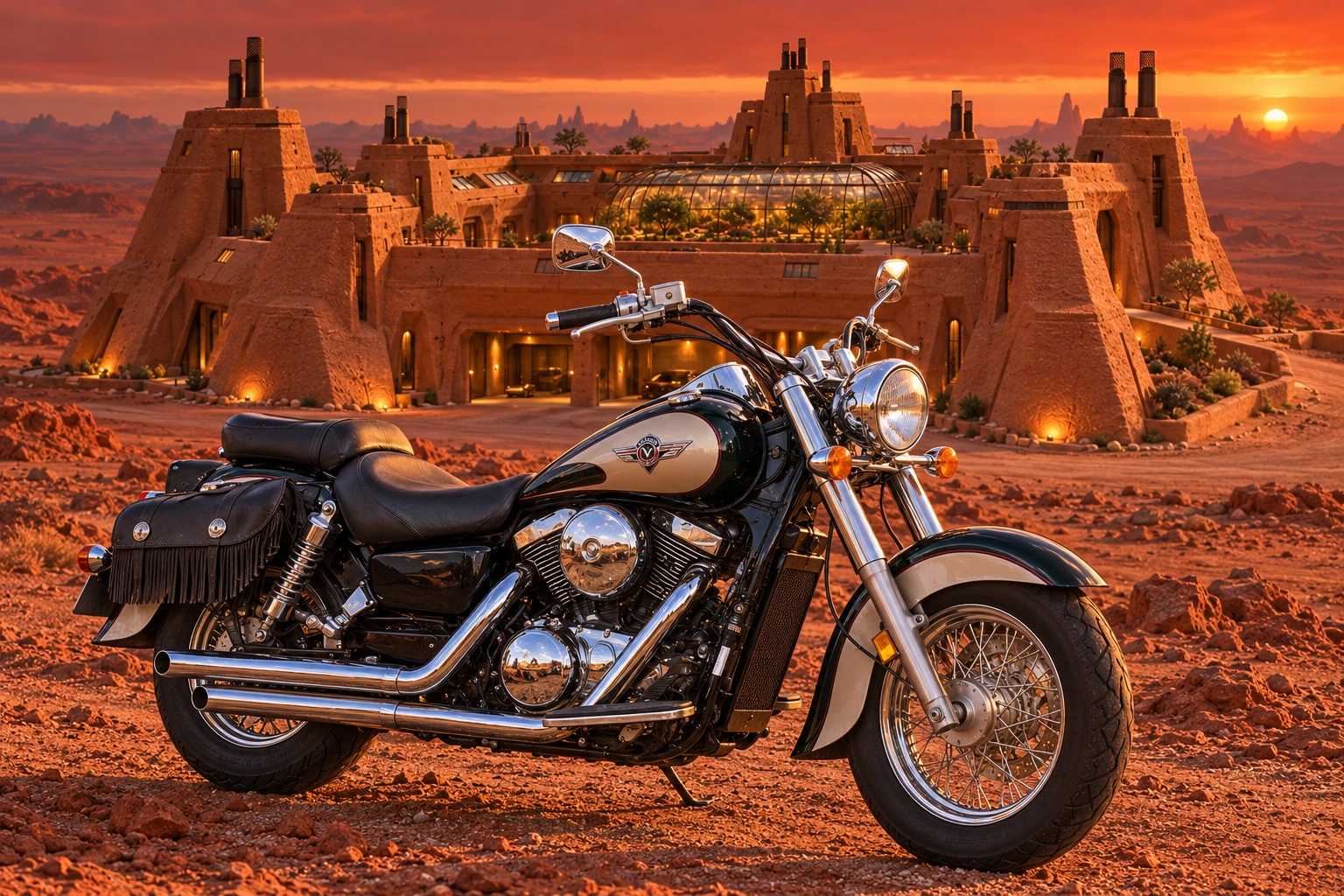 Santi’s 1999 Kawasaki Vulcan Classic 1500. Vulcan Cruiser Before the Red Horizon Sandcastle. Fictional automotive artwork.